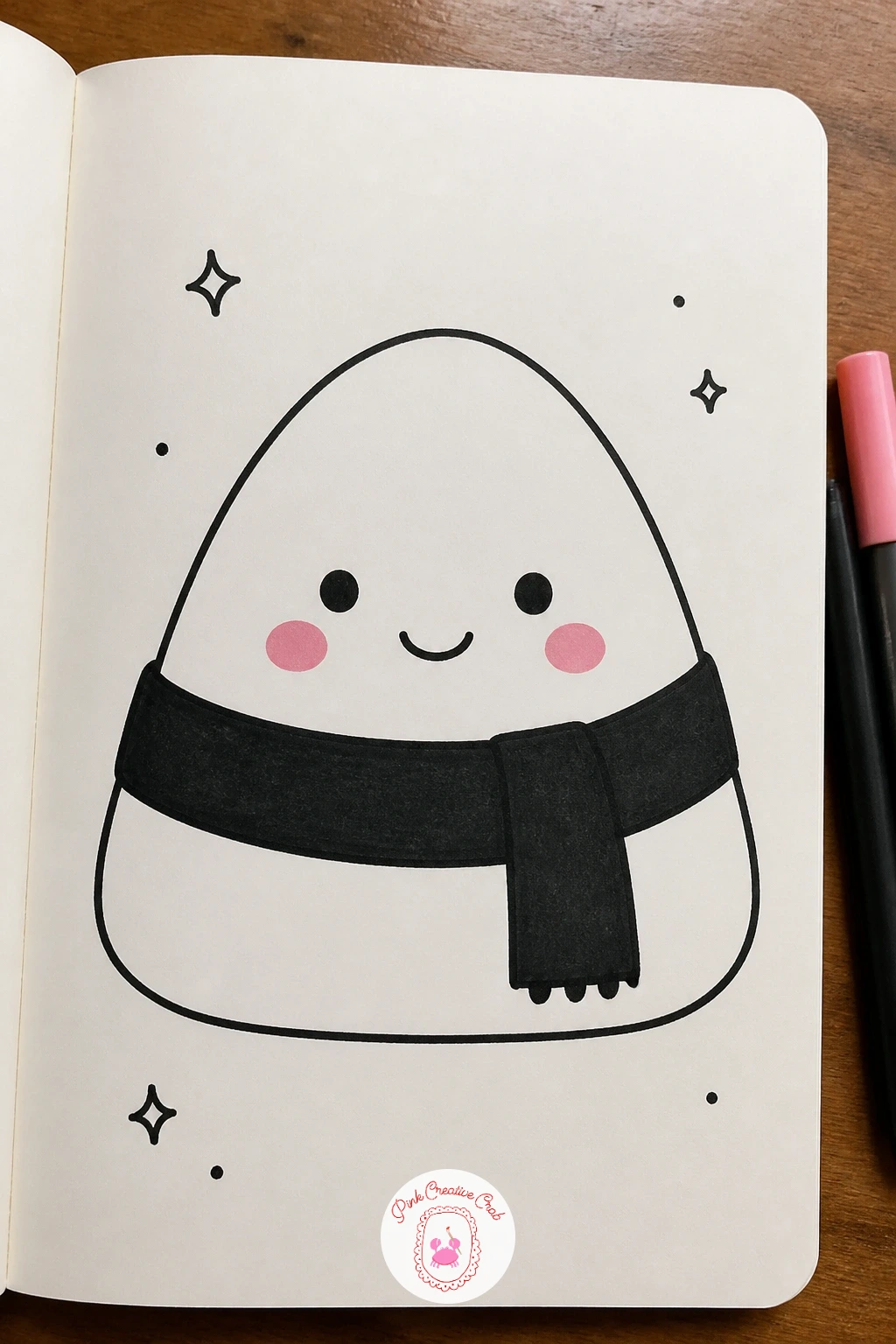 Smiling Onigiri With Nori Scarf — Start with onigiri, the classic triangle shape that makes a perfect first kawaii doodle. Kawaii doodles