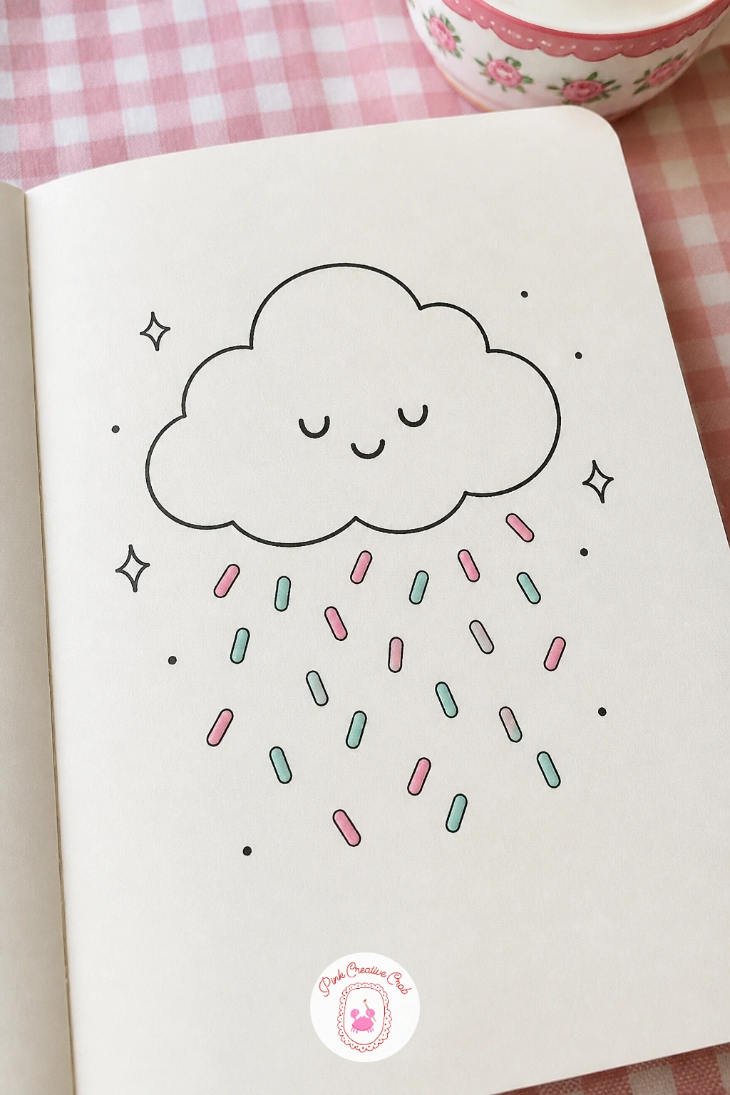 Cloud Raining Sprinkles — After two containers in a row, switch to something with no hard edges at all: a cloud raining sprinkles. Kawaii doodles