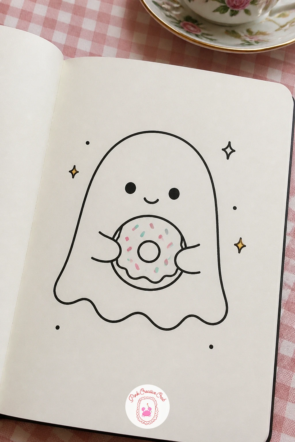 Ghost Holding A Donut — Ghosts are about the simplest outline you can draw, which makes them a good base for adding a prop like a donut. Kawaii doodles