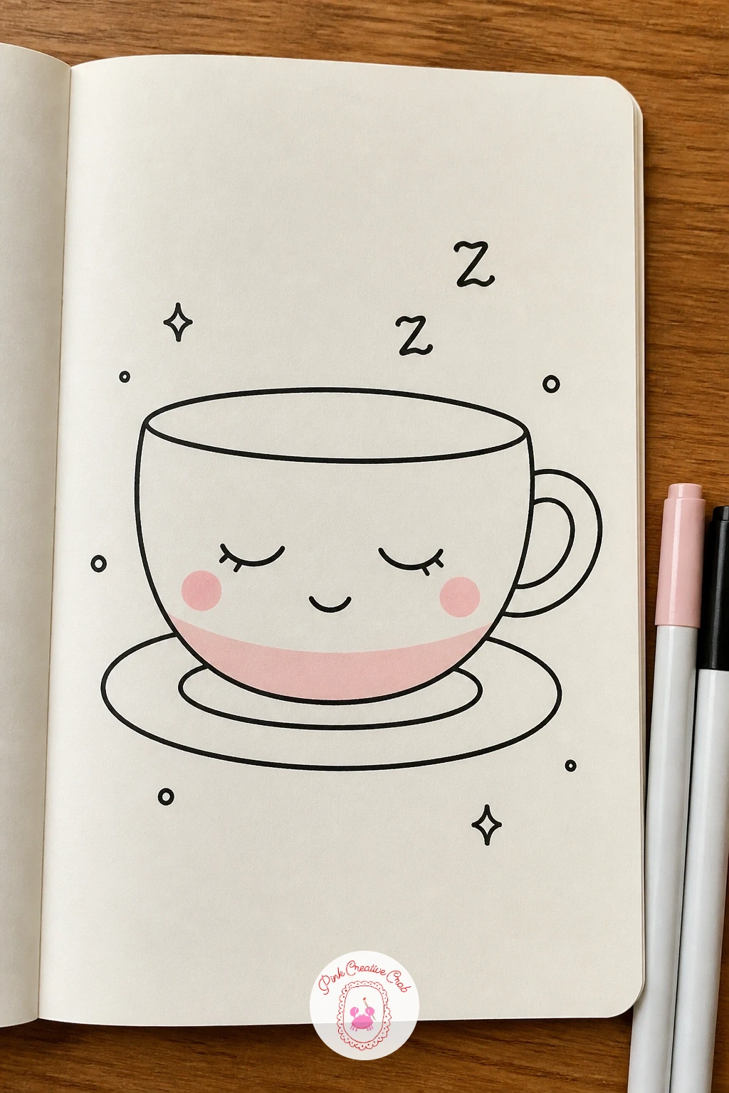 Teacup With A Sleepy Face — Shift the mood down a notch with a sleepy teacup, a quieter subject after the busy dumpling family. Kawaii doodles