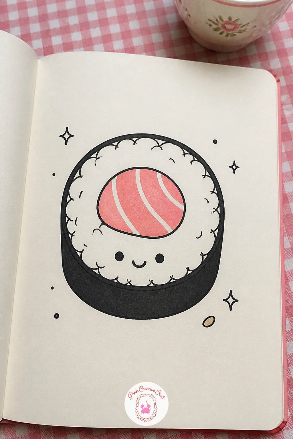 Happy Sushi Roll — After the free curves of a rainbow, come back to a tidy geometric shape with a happy sushi roll. Kawaii doodles