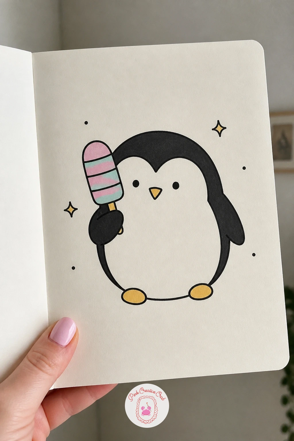 Penguin With A Popsicle — Bring in a cold-weather character with a penguin holding a popsicle, a nice contrast after the warm food shapes. Kawaii doodles