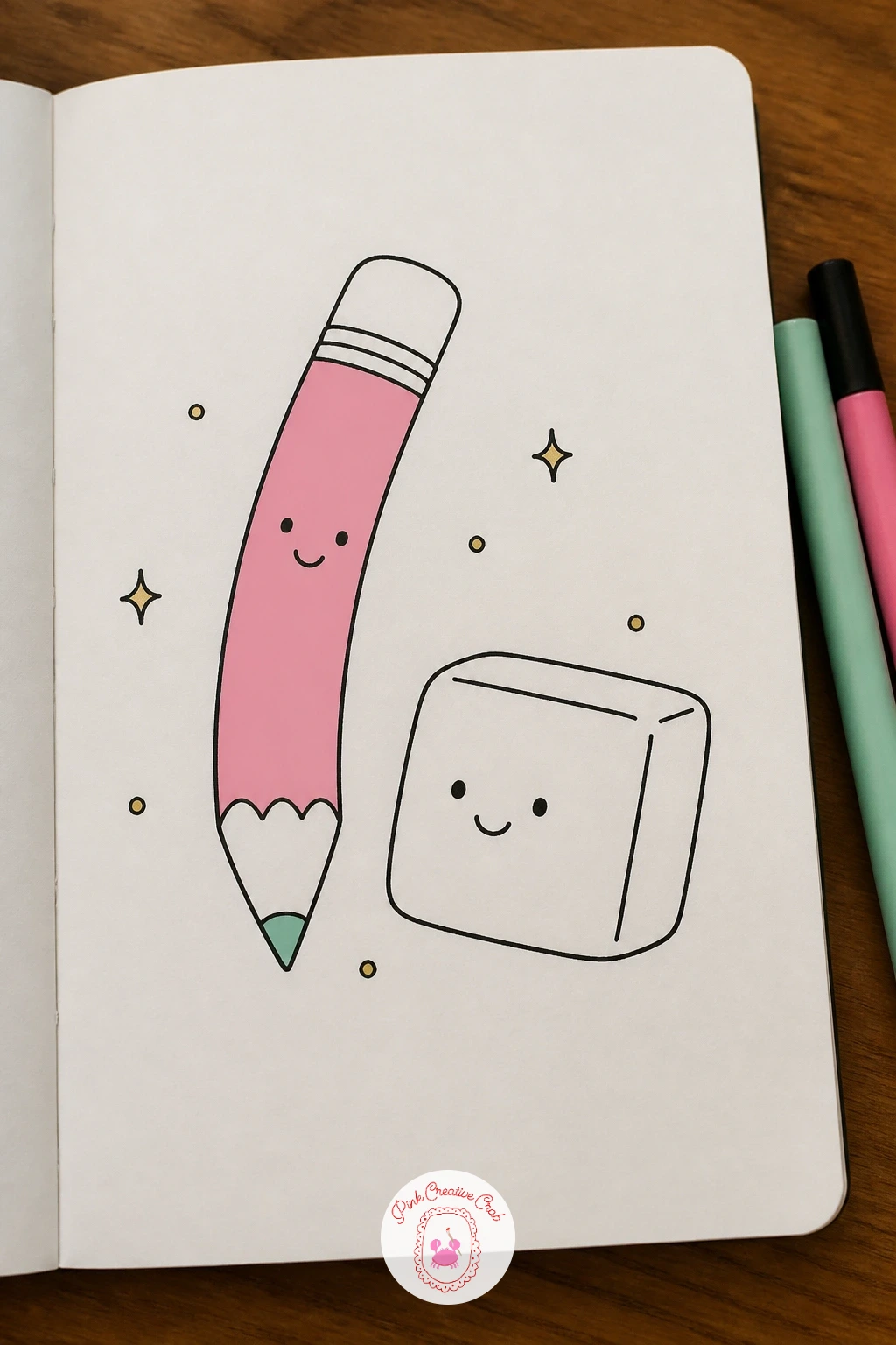 Smiling Pencil And Eraser — Turn the attention to your own art supplies with a smiling pencil and eraser pair, a fun little meta subject for this list. Kawaii