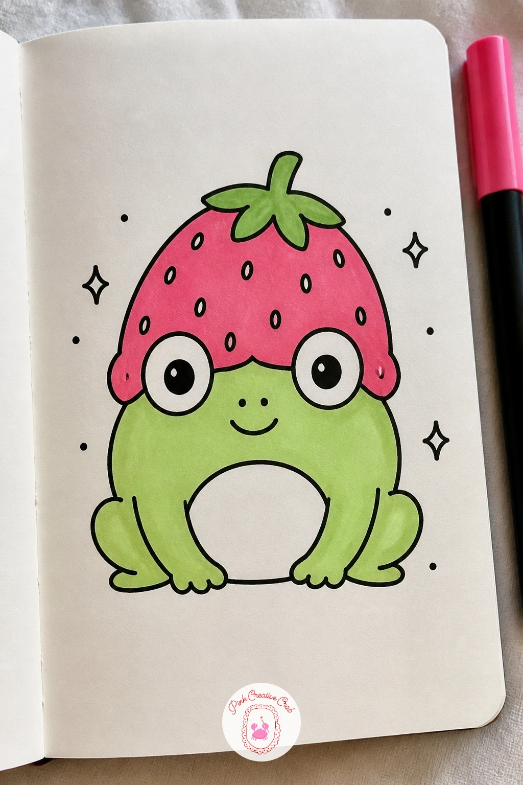 Frog With A Strawberry Hat — Bring in some fresh character energy with a frog wearing a strawberry as a hat, a playful combination of animal and food. Kawaii