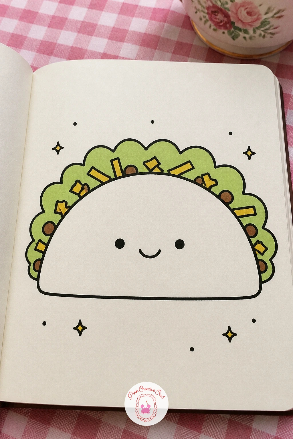 Happy Taco — A happy taco gives you a fun curved shell shape to practise after the rounder frog. Kawaii doodles