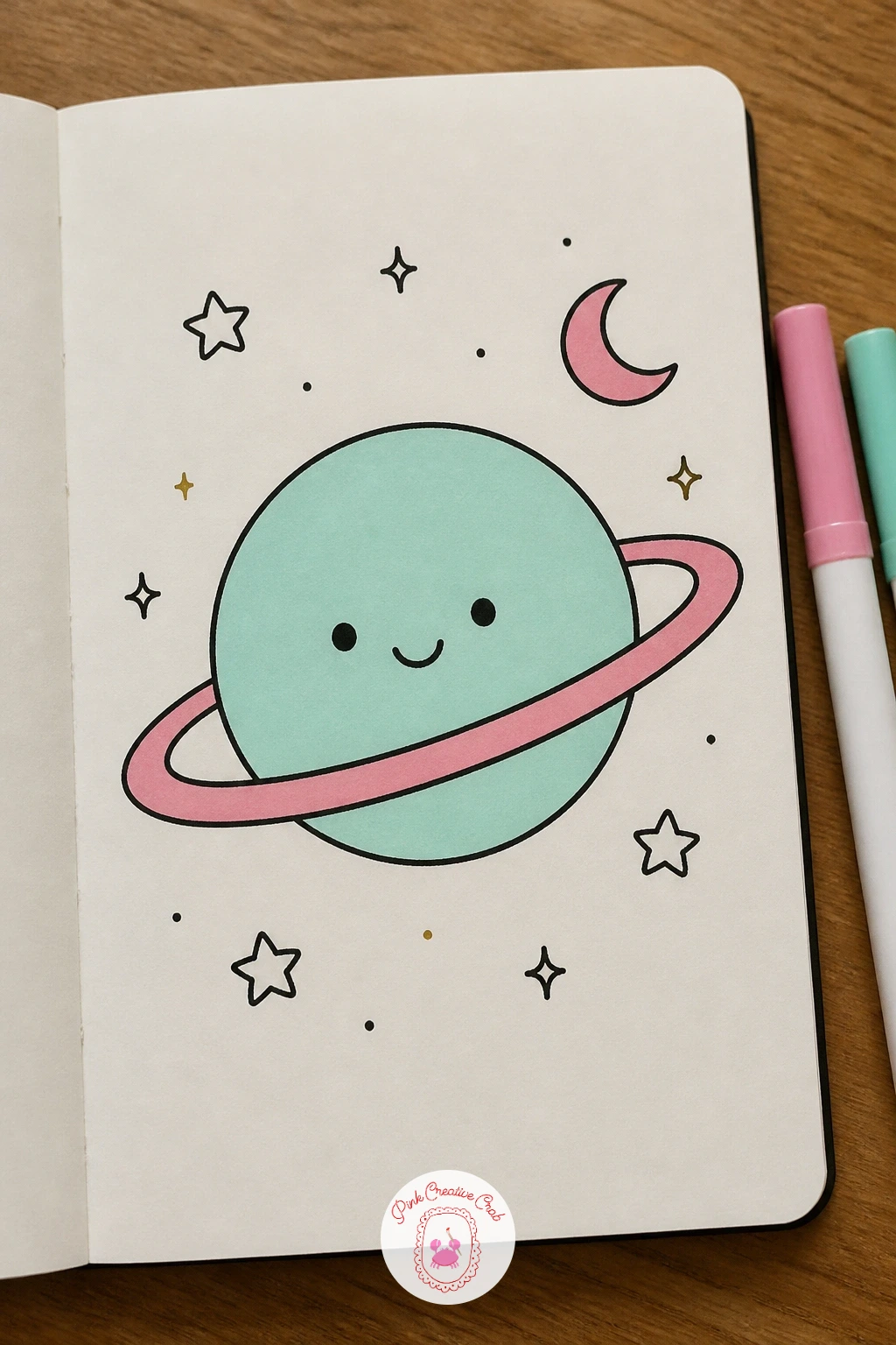 Kawaii Planet — Head off the food theme entirely with a kawaii planet, a round body with a tilted ring that is simple but satisfying to draw. Kawaii doodles