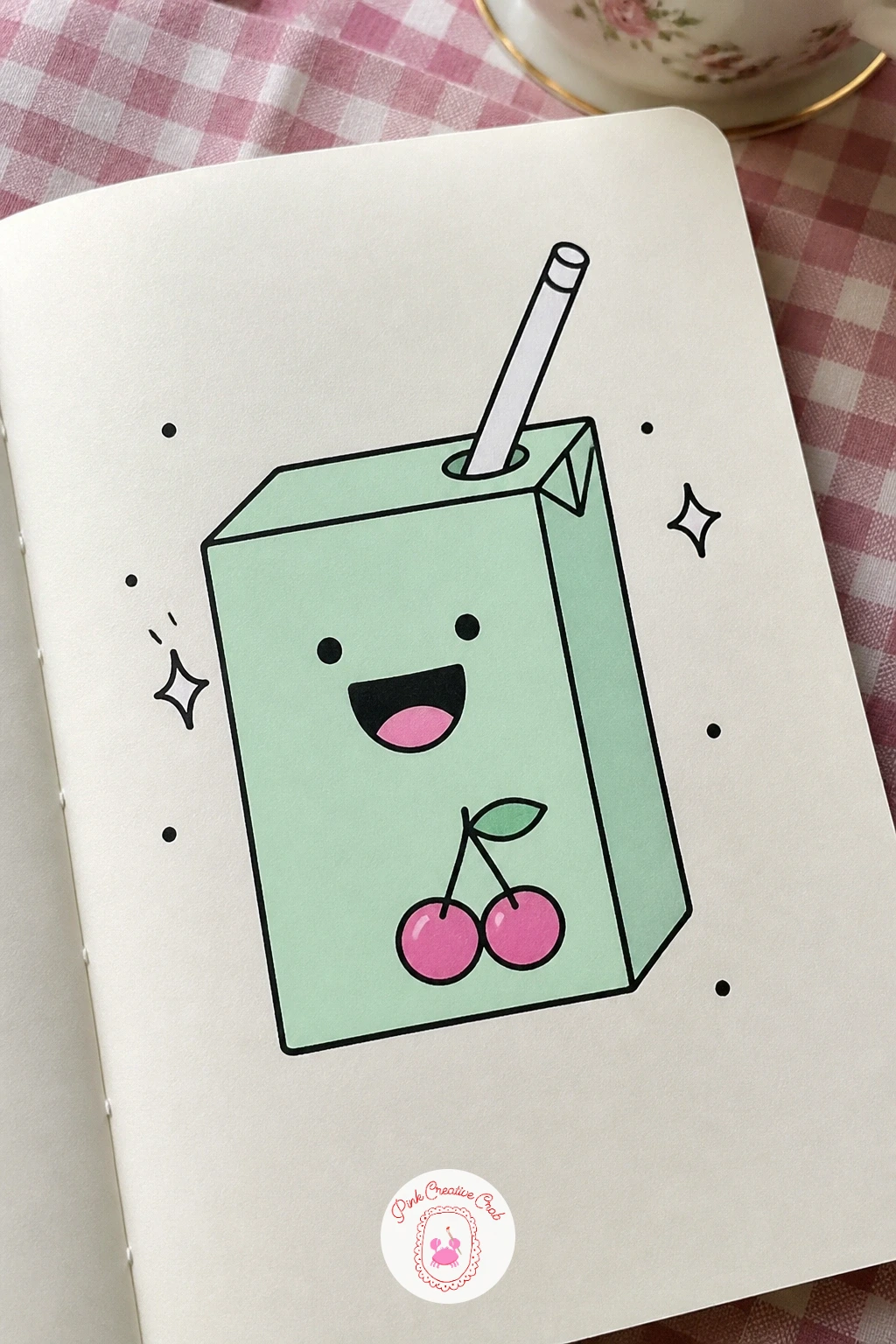 Happy Juice Box — Come back to a simple container shape with a happy juice box, quicker to draw than the earlier milk carton since it keeps a plain rectangular