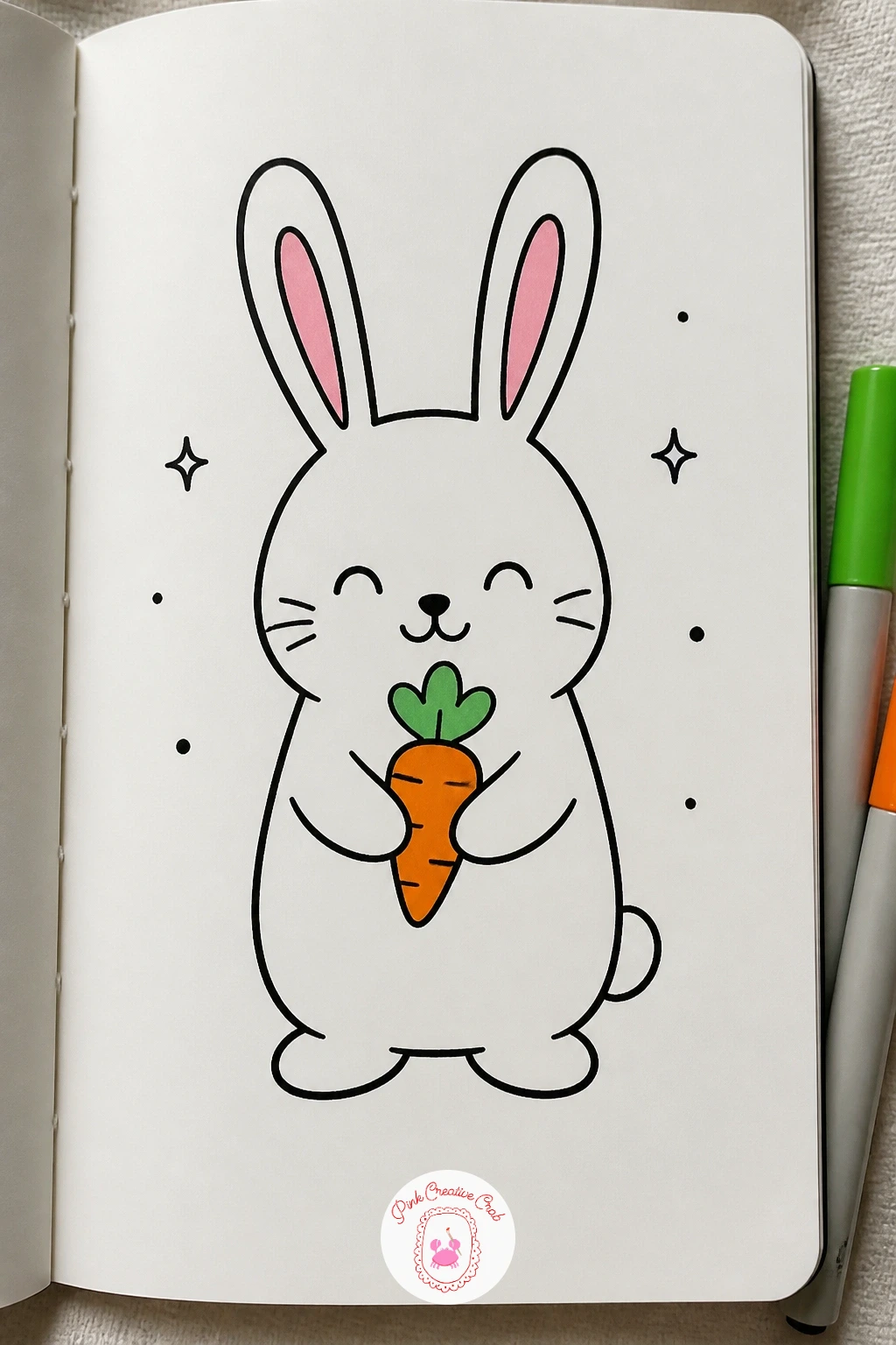 Bunny With A Carrot — Bring back a bunny character, this time standing and holding a carrot rather than tucked inside a cup like earlier. Kawaii doodles