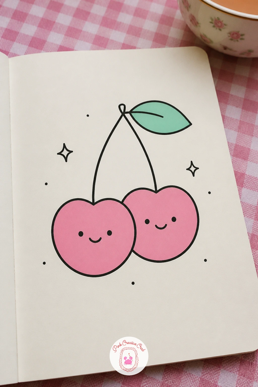 Happy Cherry Pair — Two connected cherries make a quick, satisfying subject built almost entirely from circles and a single curved stem. Kawaii doodles