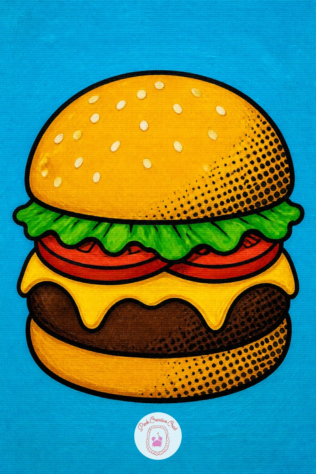 Burger With Halftone Dots — After a can full of straight edges, a burger gives you something round and stacked to build layer by layer. Food pop art
