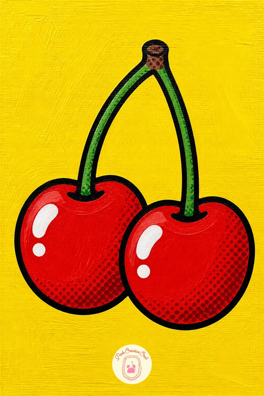 Cherry Pair With Comic Shine — Give your hands a break from big subjects and paint a cherry pair, two small round shapes joined by curving stems. Food pop art