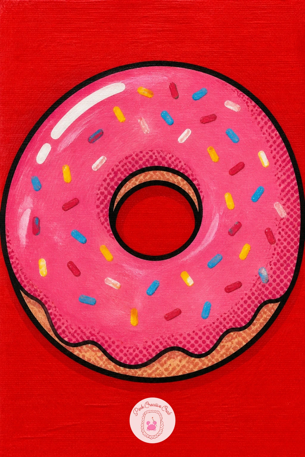 Donut With Sprinkles — Carry that same glossy highlight trick into a donut with sprinkles, a subject built from one ring and a mess of tiny marks. Food pop art