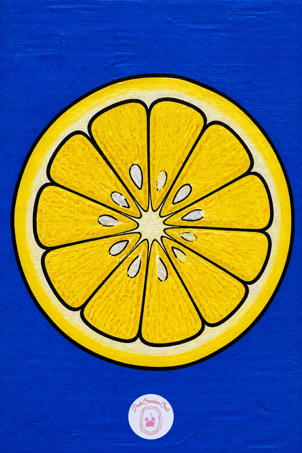 Lemon Slice on Blue — Switch gears with a lemon slice on blue, a flat circular cross-section that is really about getting the inner segments right. Food pop art