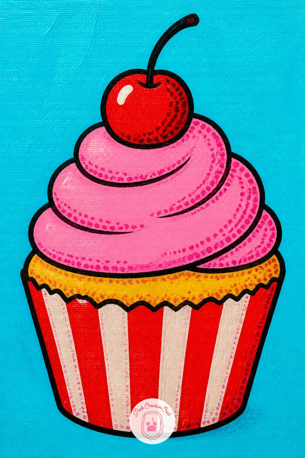 Cupcake With a Cherry — Return to dessert with a cupcake with a cherry, which layers a textured wrapper under a swirl of frosting. Food pop art