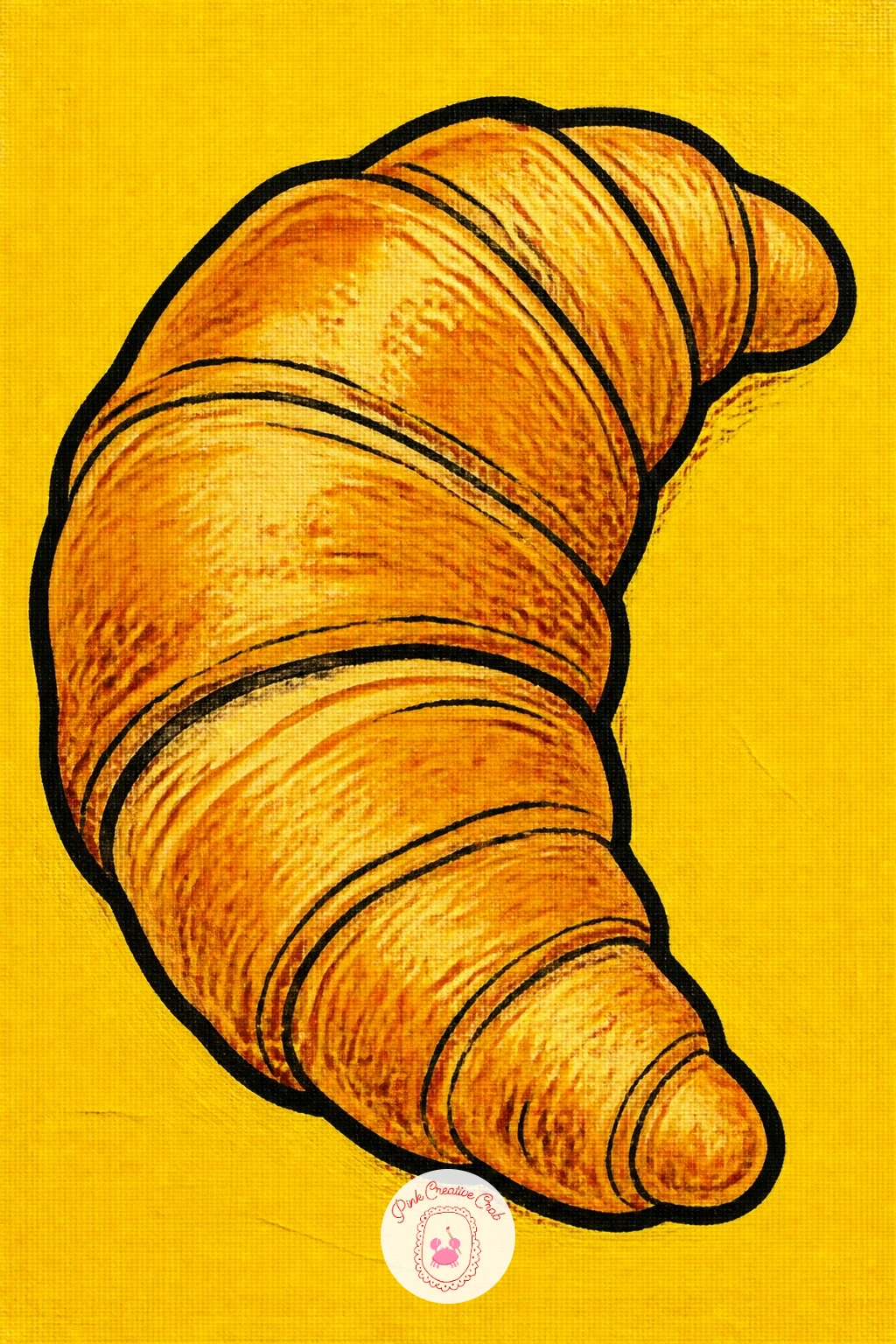 Croissant on Yellow — Slow down with a croissant on yellow, a soft curved shape that depends entirely on confident, loose brushwork. Food pop art