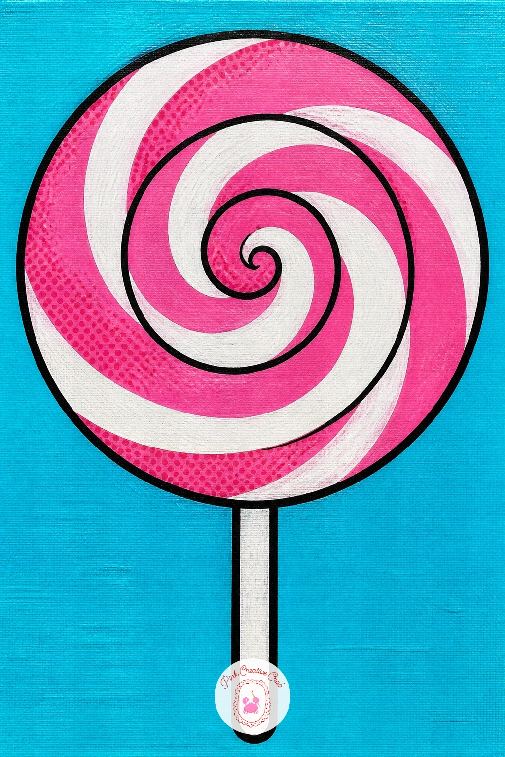 Lollipop Swirl — Spin out a lollipop swirl, a single circular subject that is entirely about keeping a spiral evenly spaced. Food pop art