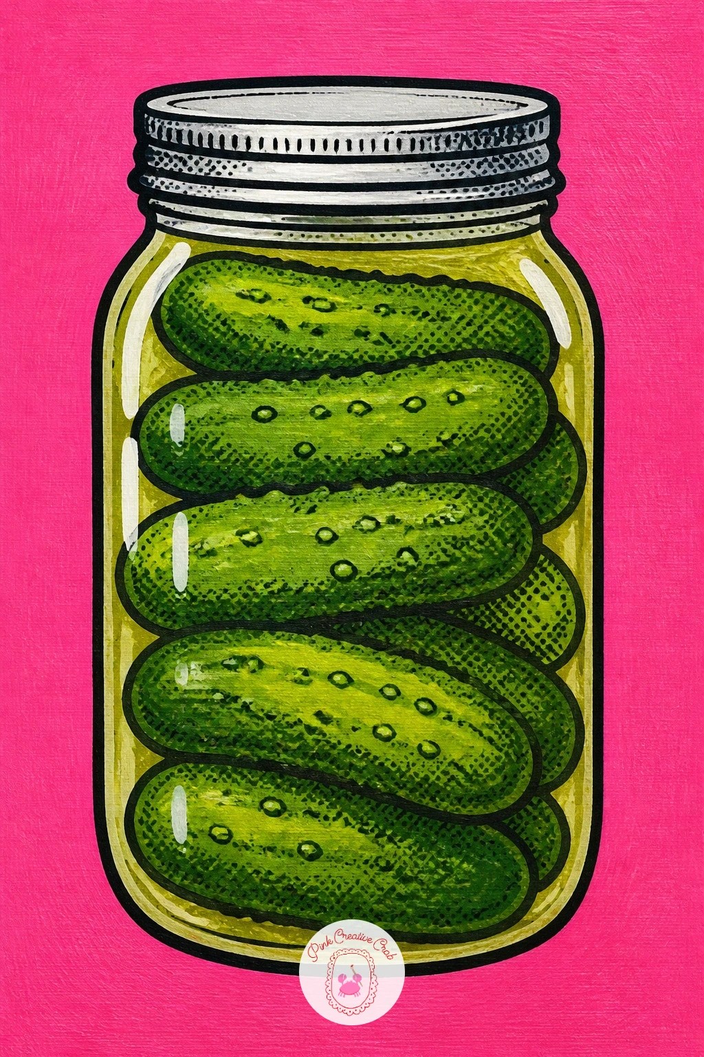 Jar of Pickles — Close the list with a jar of pickles, a glass container subject that pulls together nearly every trick used earlier in this list. Food pop art