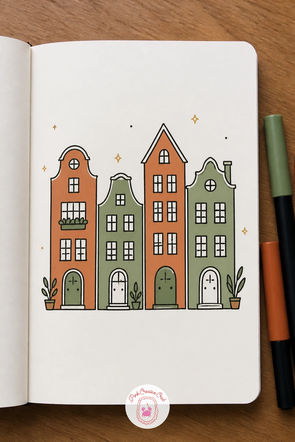 Row of Colourful Townhouses — Once a single cottage feels easy, try a row of townhouses side by side, the kind you see lined up on a city street. House doodles