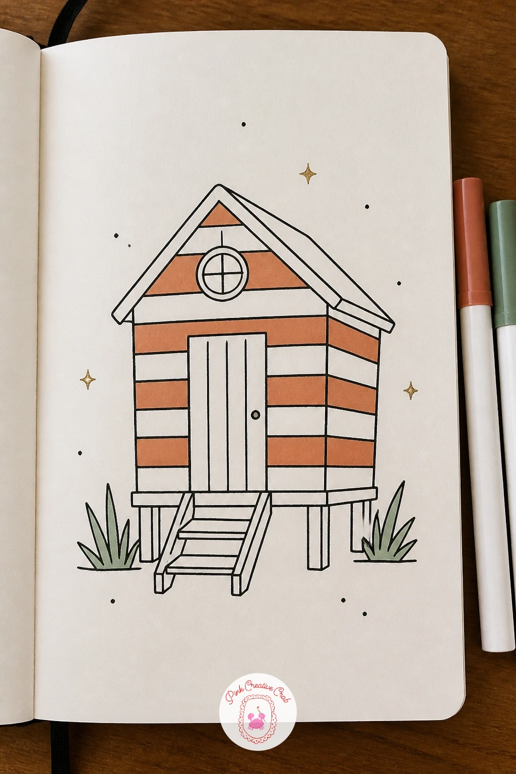 Beach Hut With Stripes — Bring in a seaside mood with a single beach hut standing on short stilts above the sand. House doodles