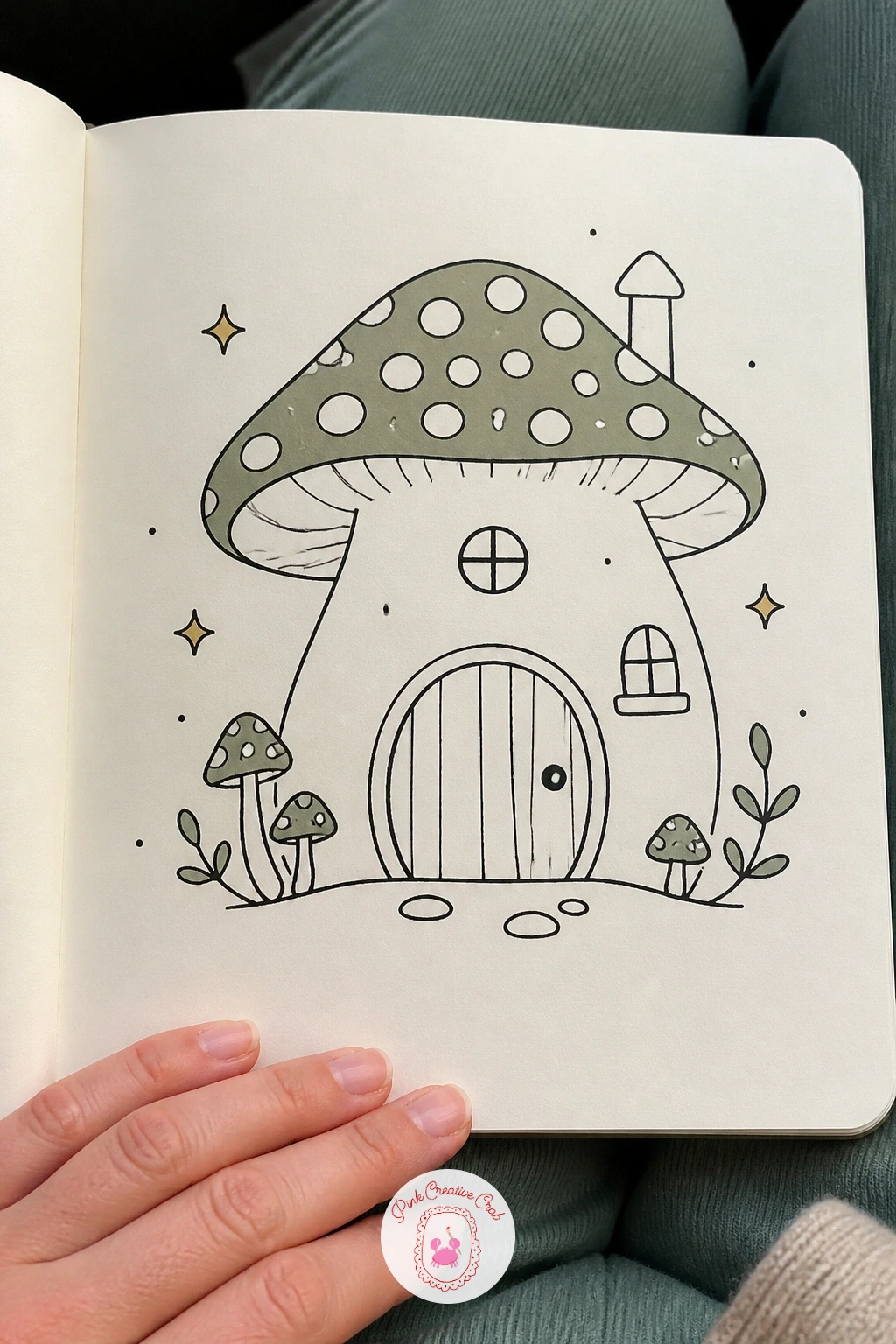Mushroom House With a Round Door — Swap a roof for a mushroom cap and the whole drawing turns whimsical in one step. House doodles