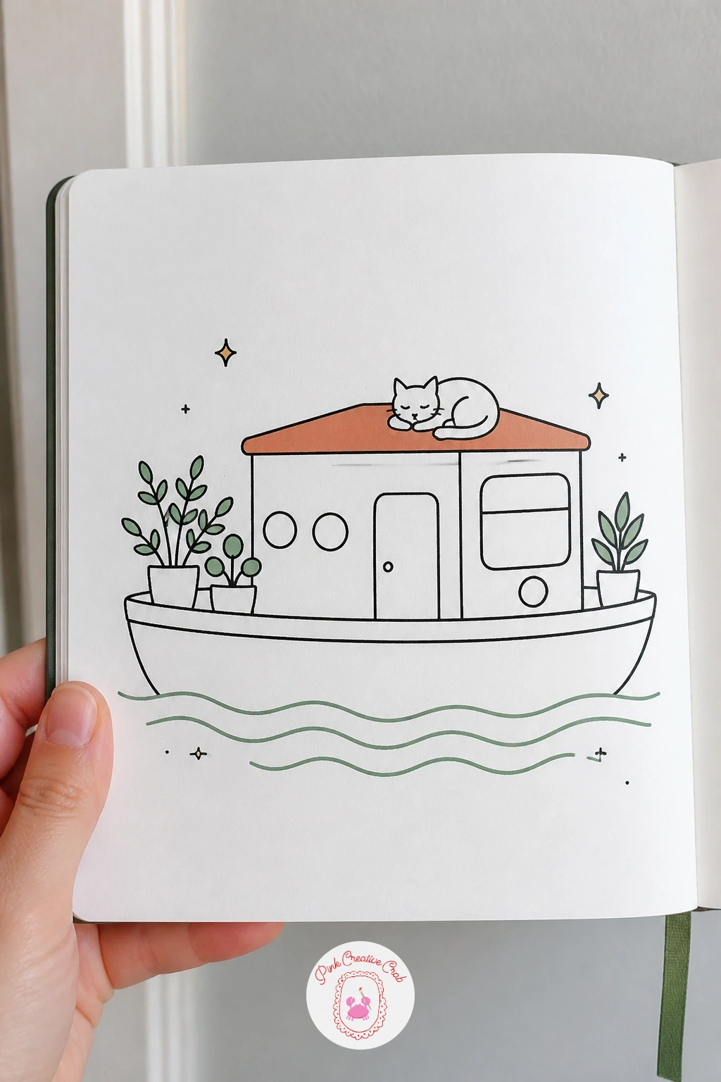 Houseboat With a Cat on the Roof — Set a house afloat with a flat-bottomed houseboat and a cat sunning itself on top. House doodles