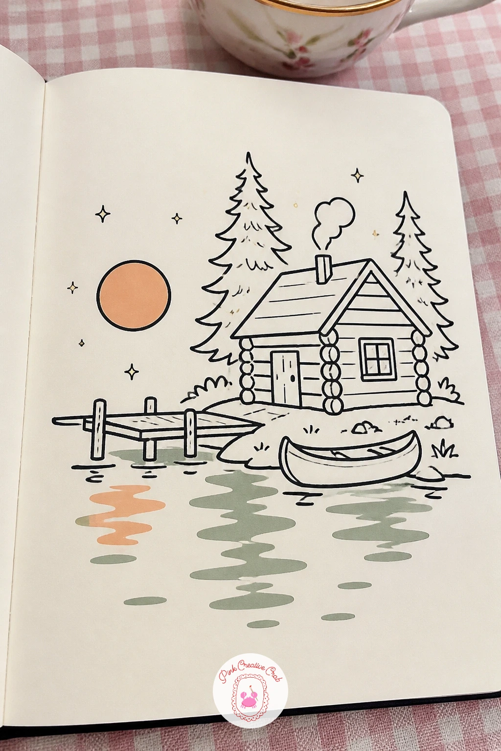 Log Cabin by a Lake — Set a simple log cabin against an open stretch of water this time instead of snow. House doodles