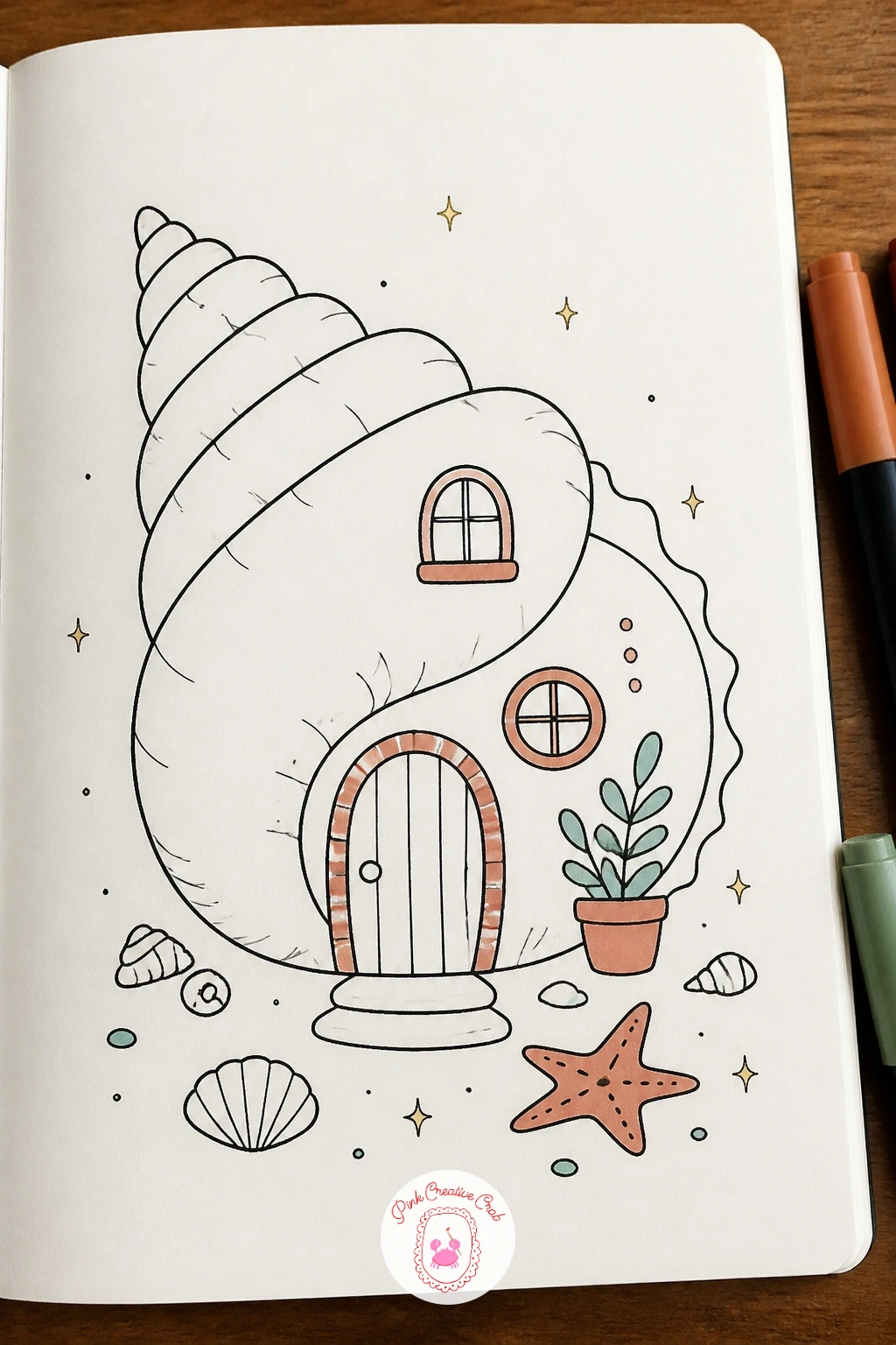 Shell House on the Beach — Return to the shore for a cottage built entirely in the shape of a large shell, spiral and all. House doodles