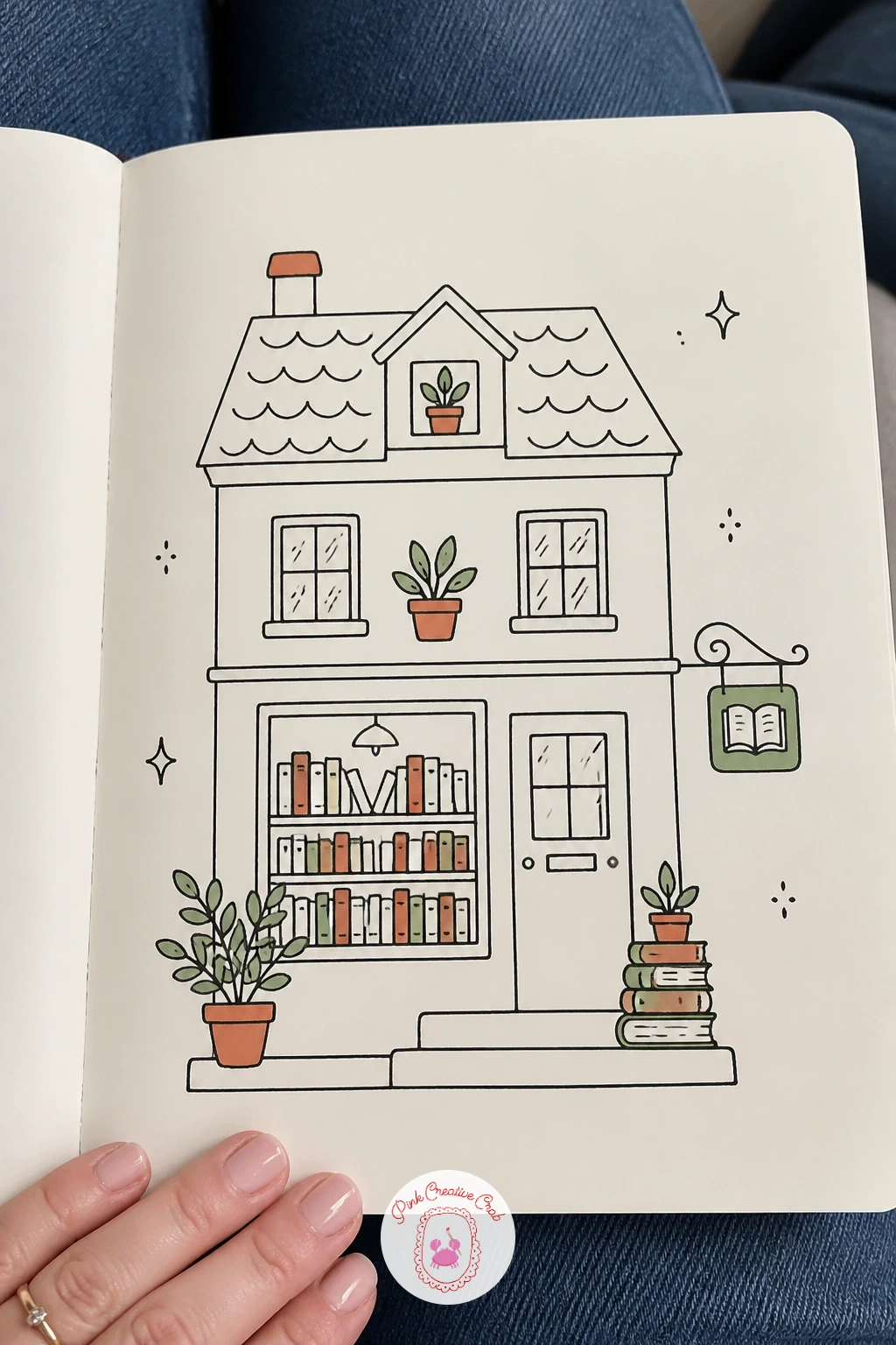 Bookshop House — Give a cottage a reason to have an especially full front window: shelves of tiny books stacked right up to the glass. House doodles