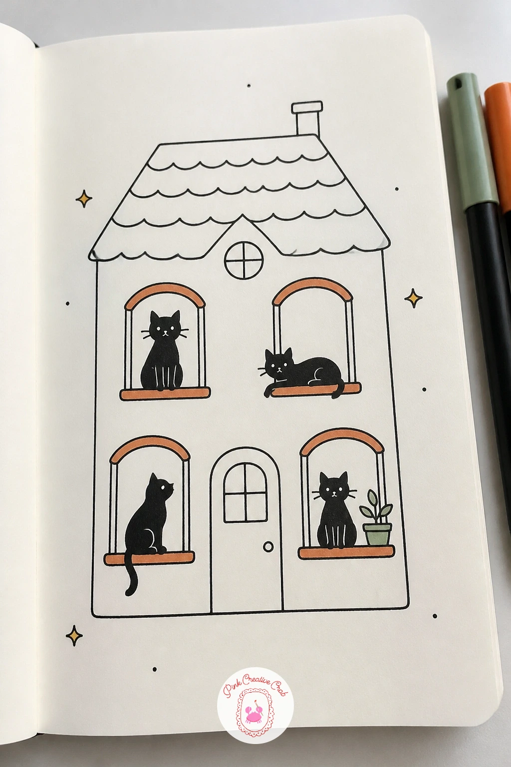 House With a Cat on Every Windowsill — Take a plain house front and fill each window with its own cat, which turns a simple building into a tiny character