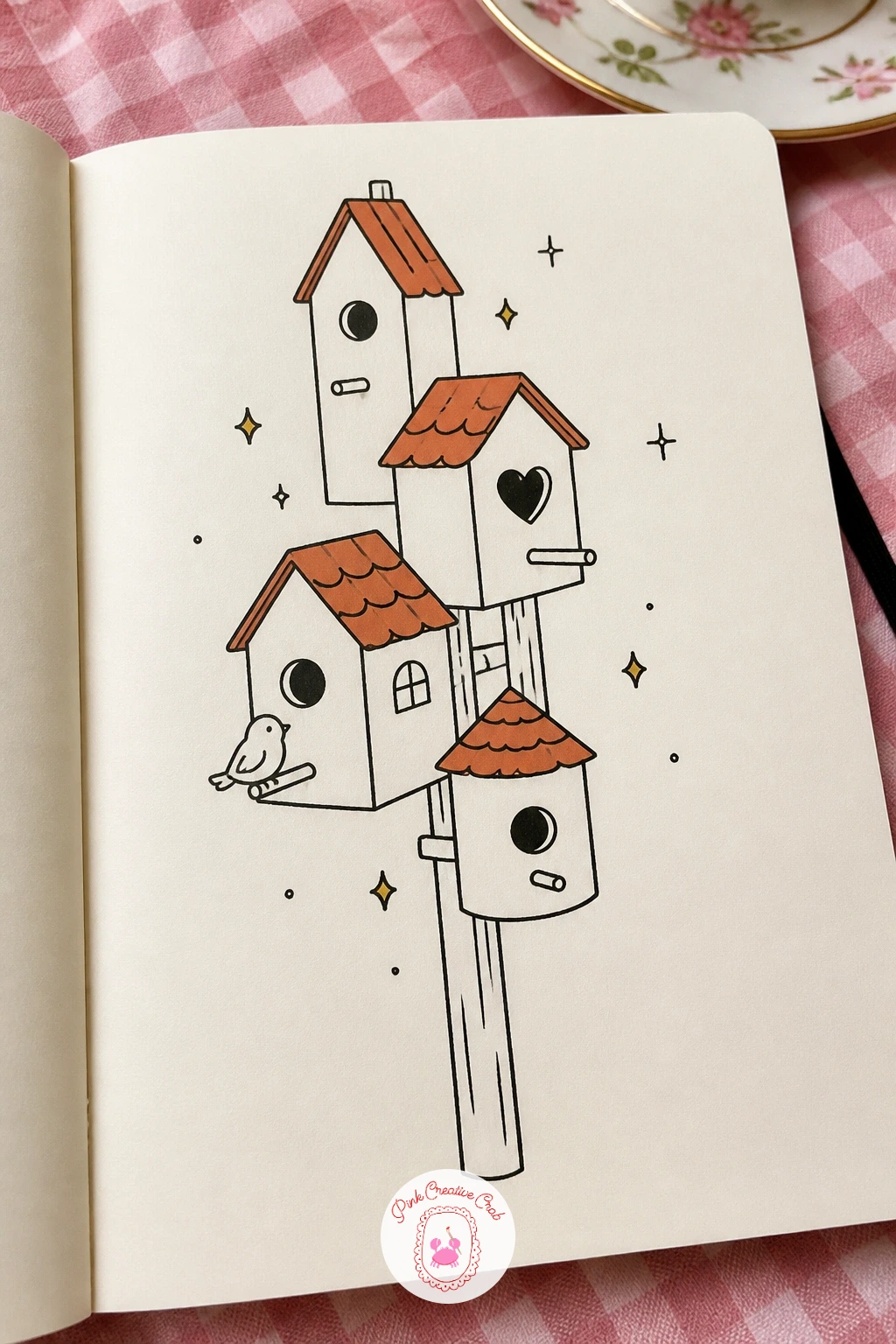 Birdhouse Village — Scale everything down to a cluster of birdhouses mounted along one tall post or a bare tree branch. House doodles