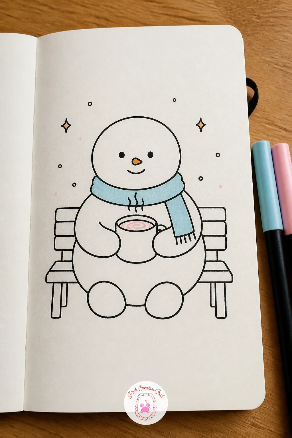 Snowman Sipping Cocoa — Start with the snowman since his shape is the most forgiving in the whole list: three stacked circles, slightly flattened where they