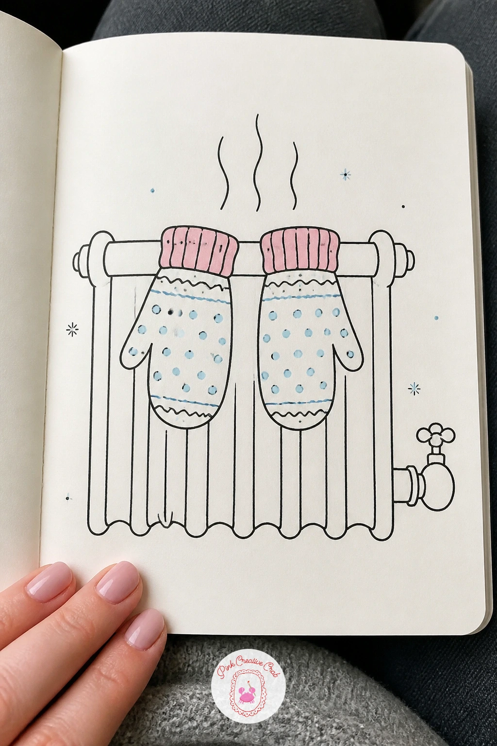 Mittens Drying on a Radiator — After the bench, try something flatter and more graphic: a pair of mittens draped over a radiator rail. January doodles