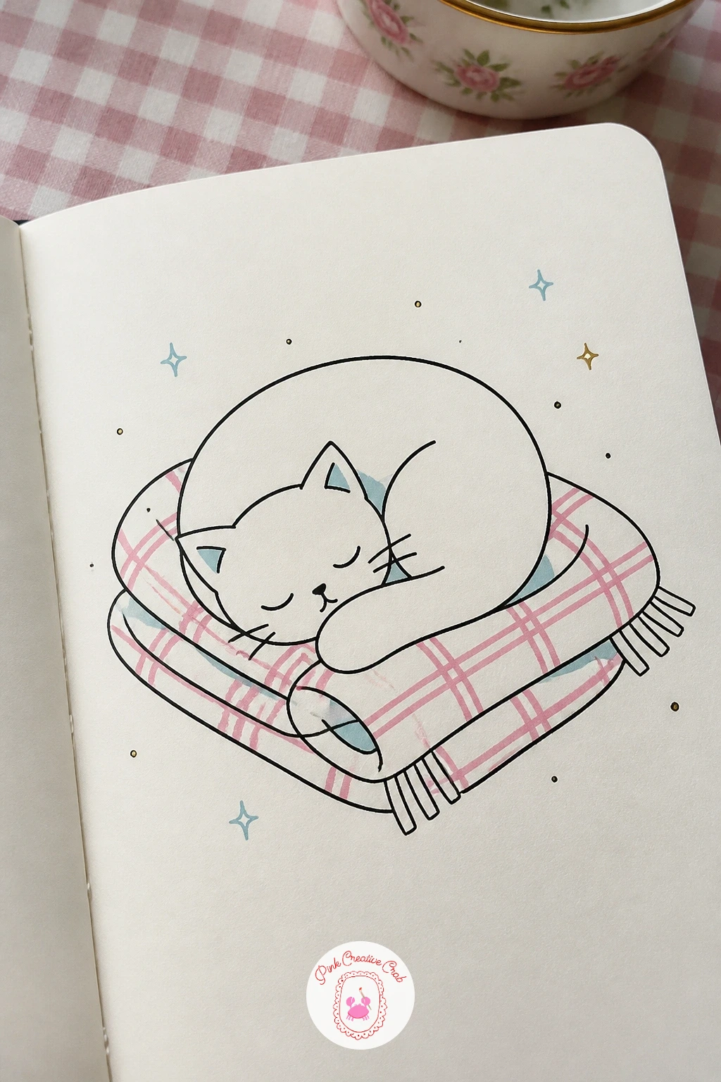 Cat Curled in a Knitted Blanket — Move from paper to fur with a cat curled into a tight comma shape on a blanket. January doodles
