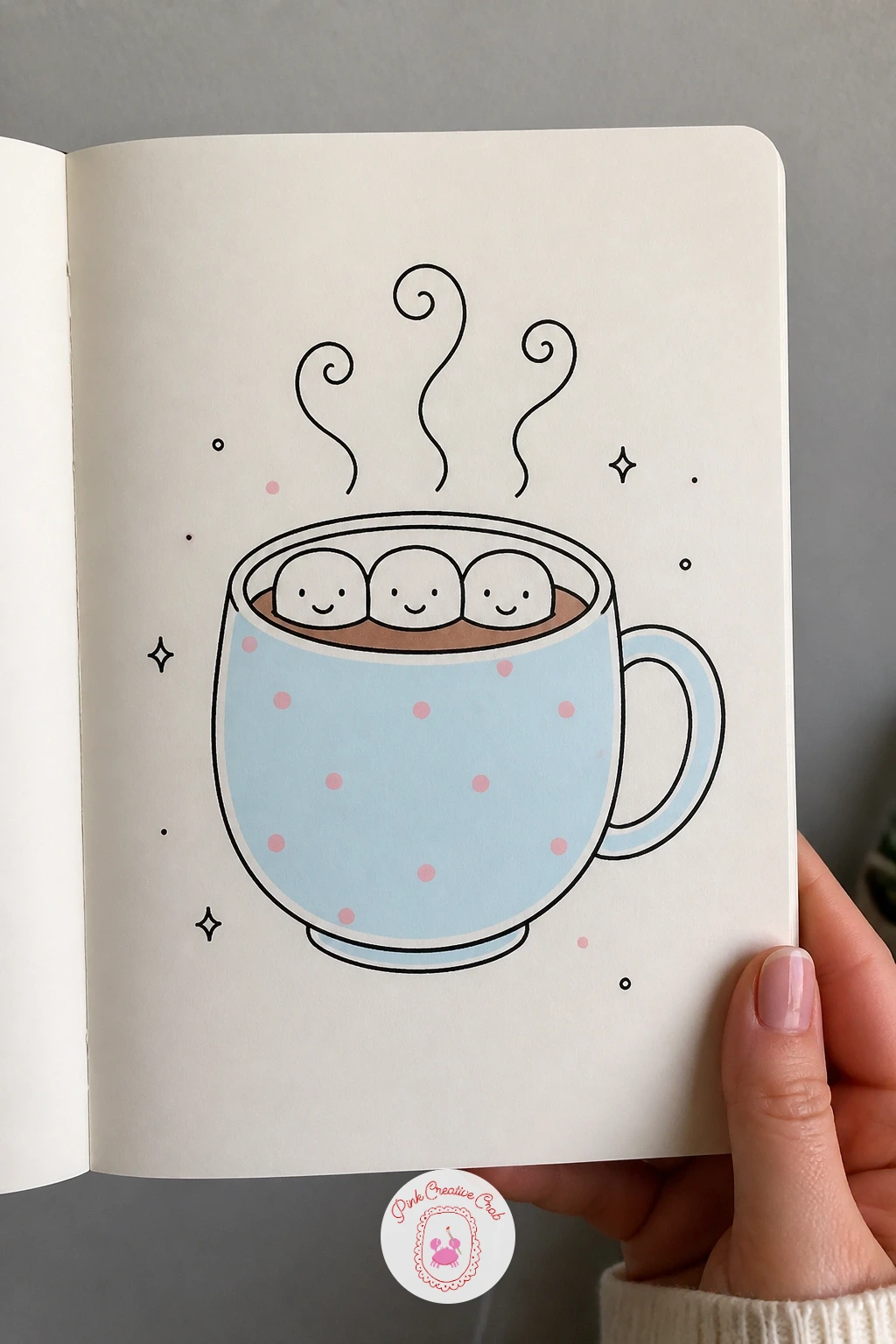 Steaming Mug with Marshmallows — Keep things warm with a single mug of cocoa as its own small subject, a good one for a tiny margin space. January doodles