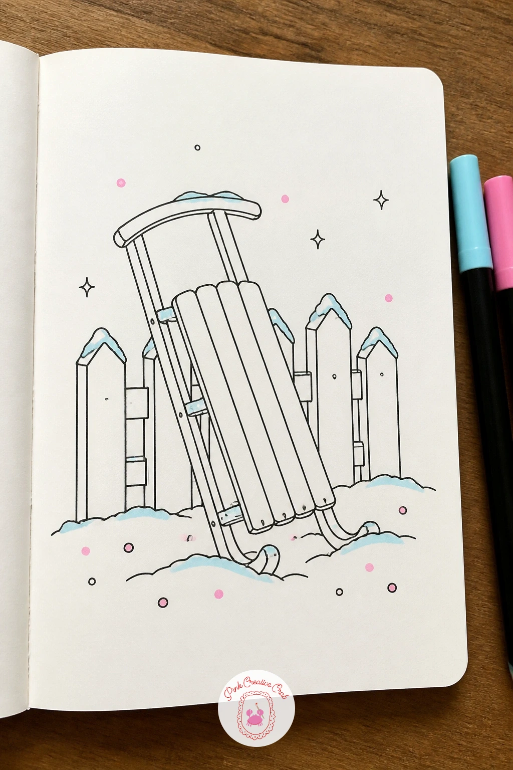 Sled Leaning on a Snowy Fence — Step outside the window for this one, a sled propped against a short picket fence. January doodles
