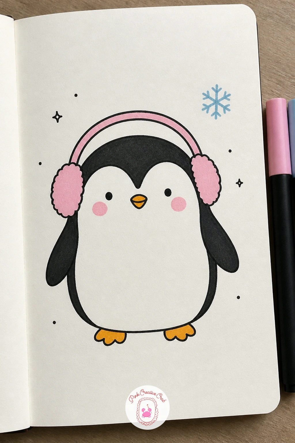Penguin Wearing Earmuffs — Give the cold a character with a round penguin bundled against the weather. January doodles