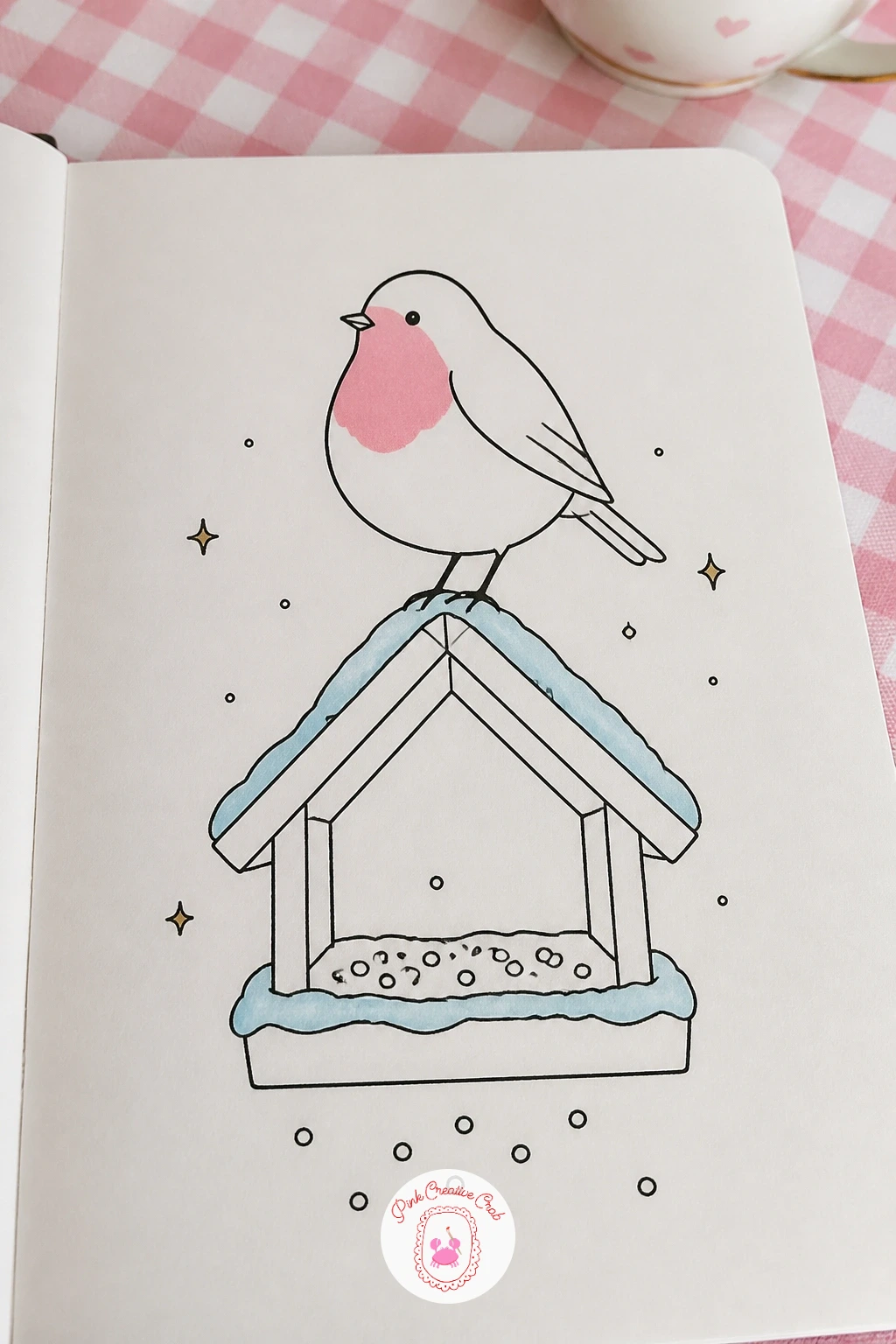 Bird Feeder with a Robin — Move back outside with a small bird feeder hanging from an unseen branch. January doodles