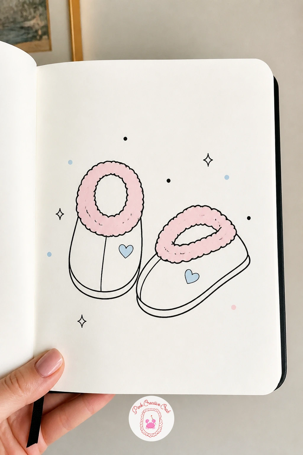 Fuzzy Slippers by the Bed — Return indoors for a pair of fuzzy slippers kicked off at an angle. January doodles