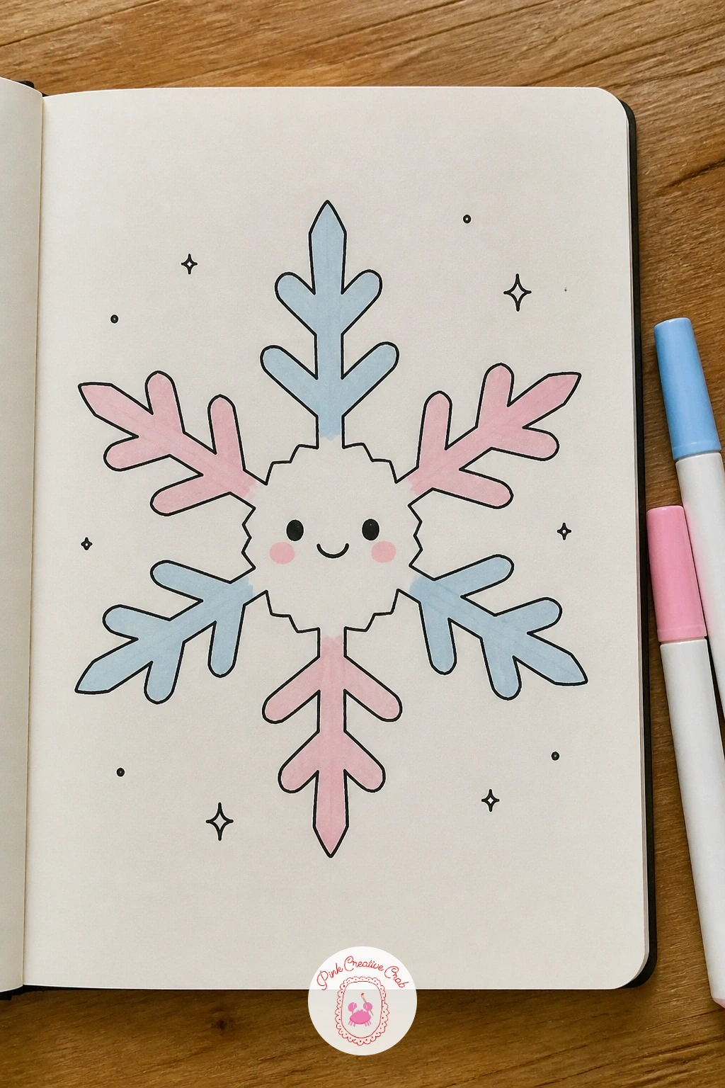 Snowflake with a Smiling Face — Give the cold a friendly character with one large smiling snowflake, a good subject for practicing symmetry. January doodles