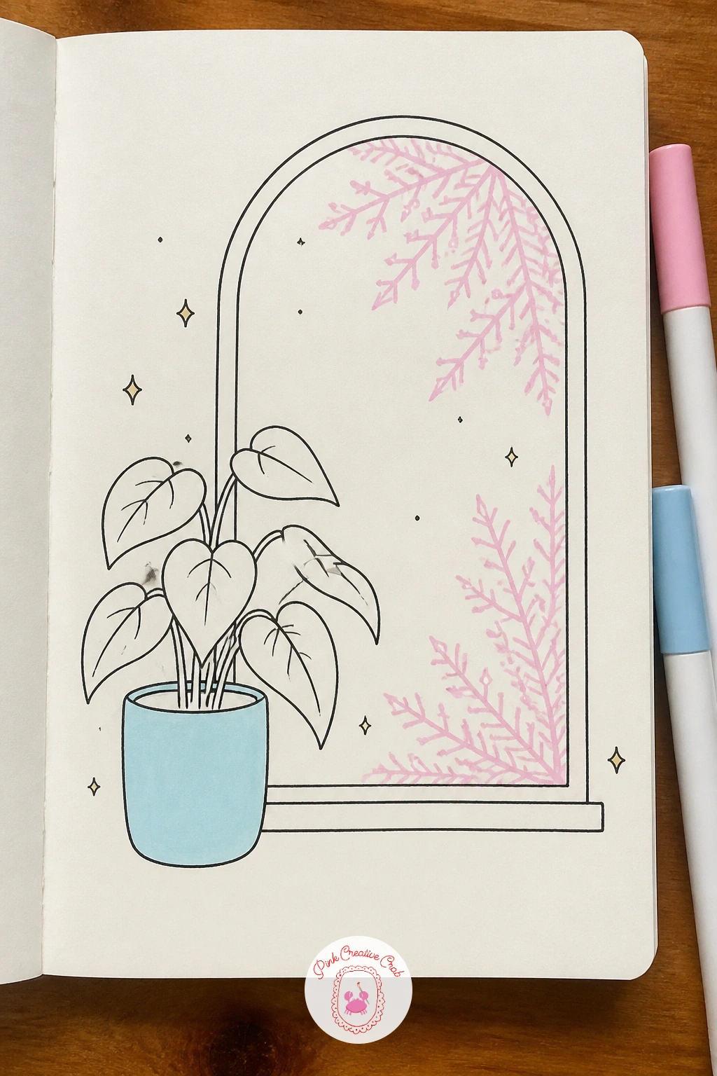 Houseplant Beside Frosted Glass — Contrast warm indoor life with cold outdoor weather in a small houseplant beside a frosted windowpane. January doodles