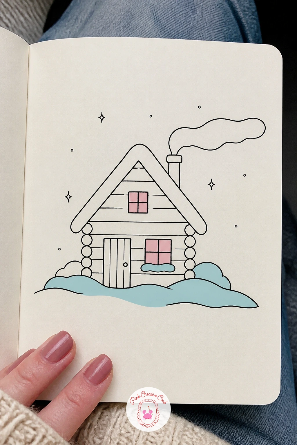 Cabin with Smoke from the Chimney — Zoom out to a small landscape with a log cabin tucked into snow. January doodles