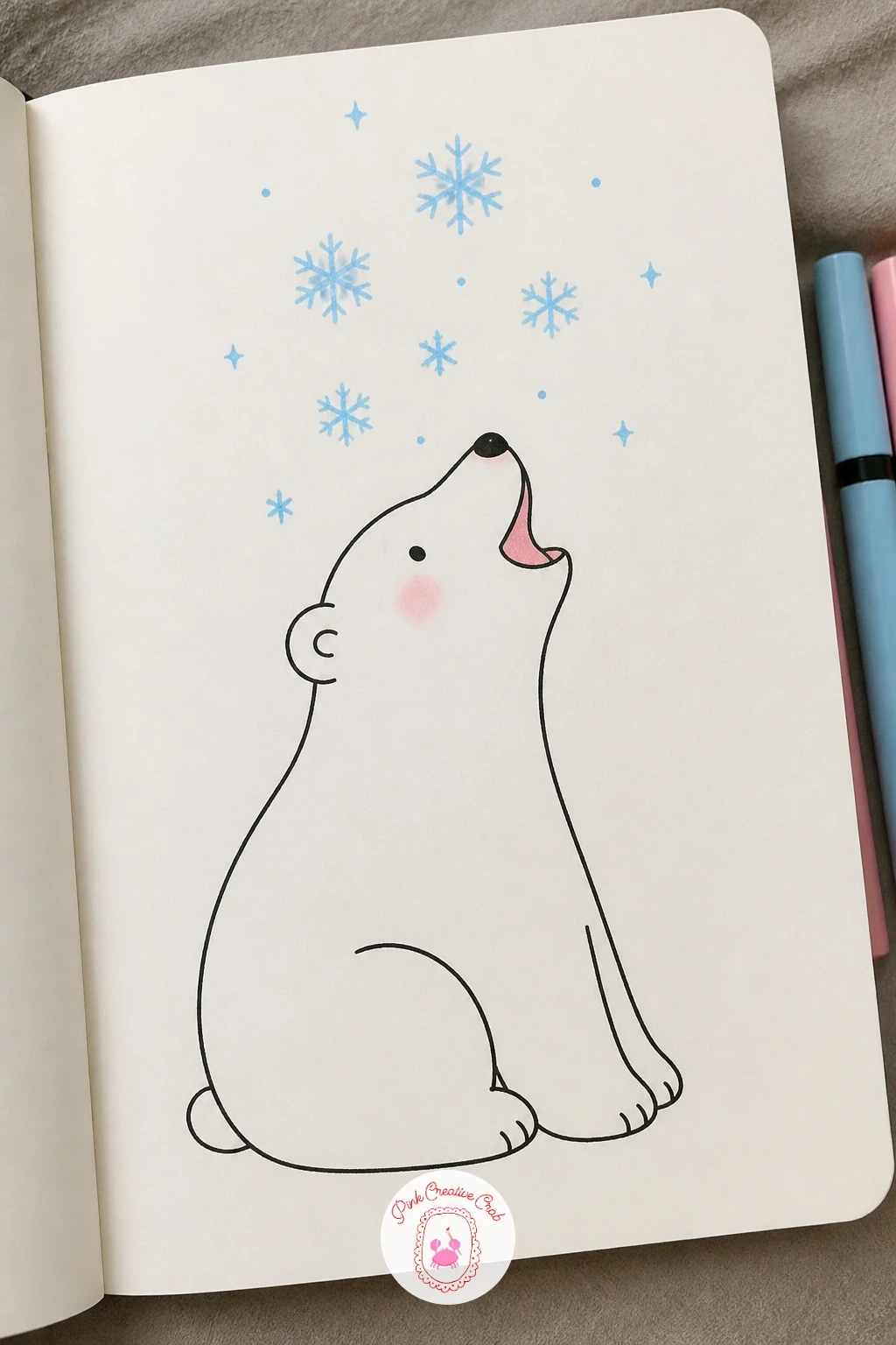 Polar Bear Catching Snowflakes — Bring back a friendly animal with a polar bear tilting its head up to catch falling snow. January doodles
