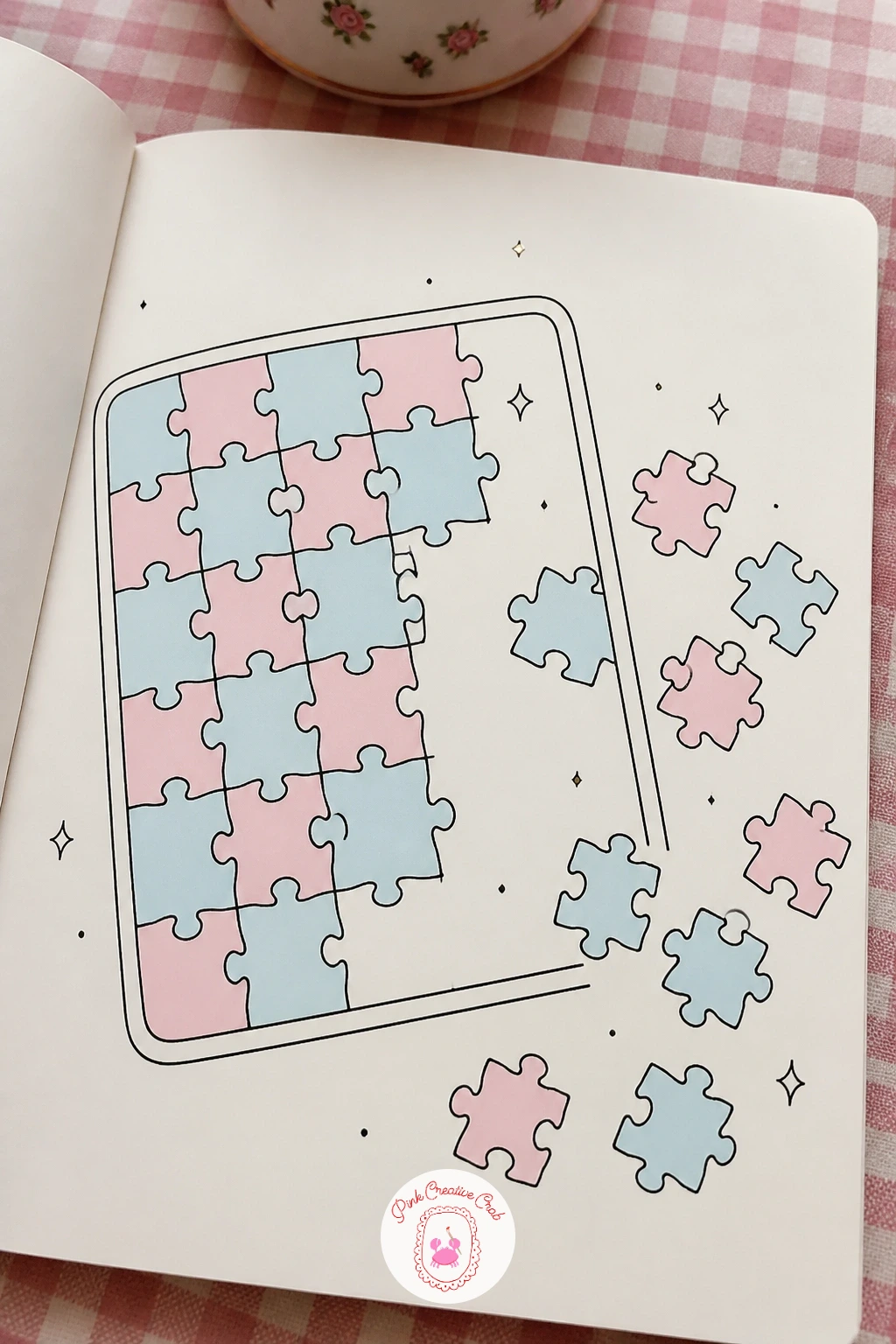 Puzzle Half Finished on a Table — Slow back down with a half finished jigsaw puzzle, a nice exercise in drawing irregular shapes that still fit together.