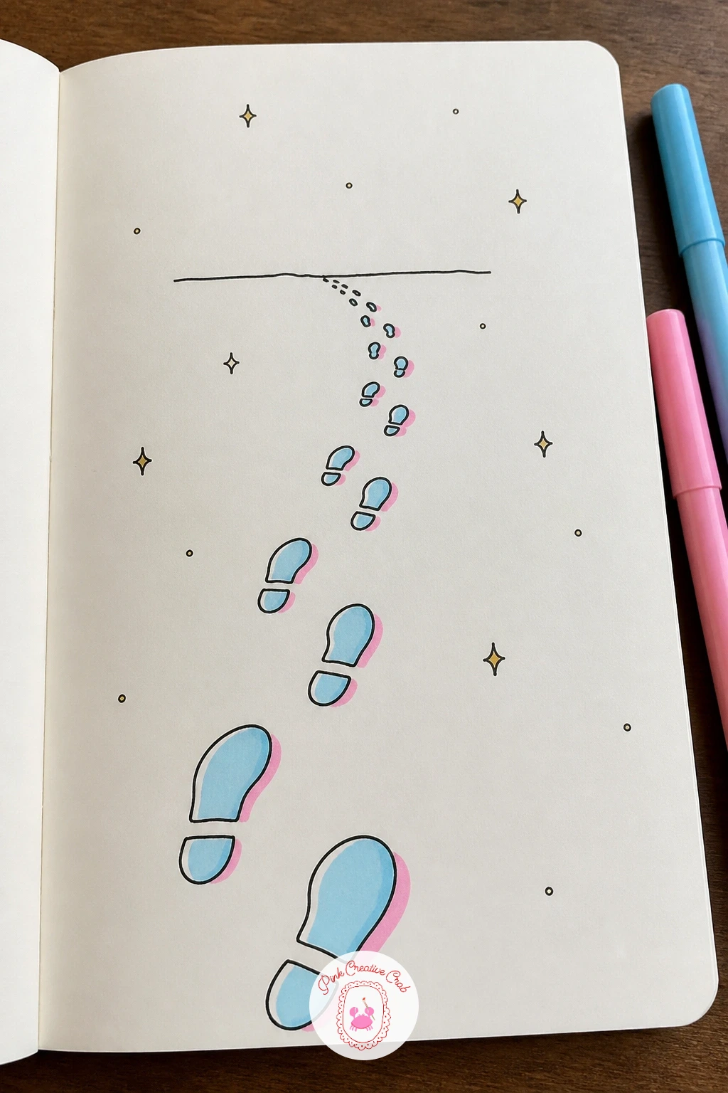 Walk in the Snow with Footprints — Widen the view with a simple path of footprints crossing a snowy field. January doodles