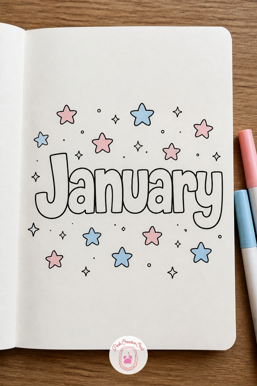 Planner Sticker Word January with Stars — Close the list with the one doodle made entirely of lettering and simple shapes rather than an object or scene.