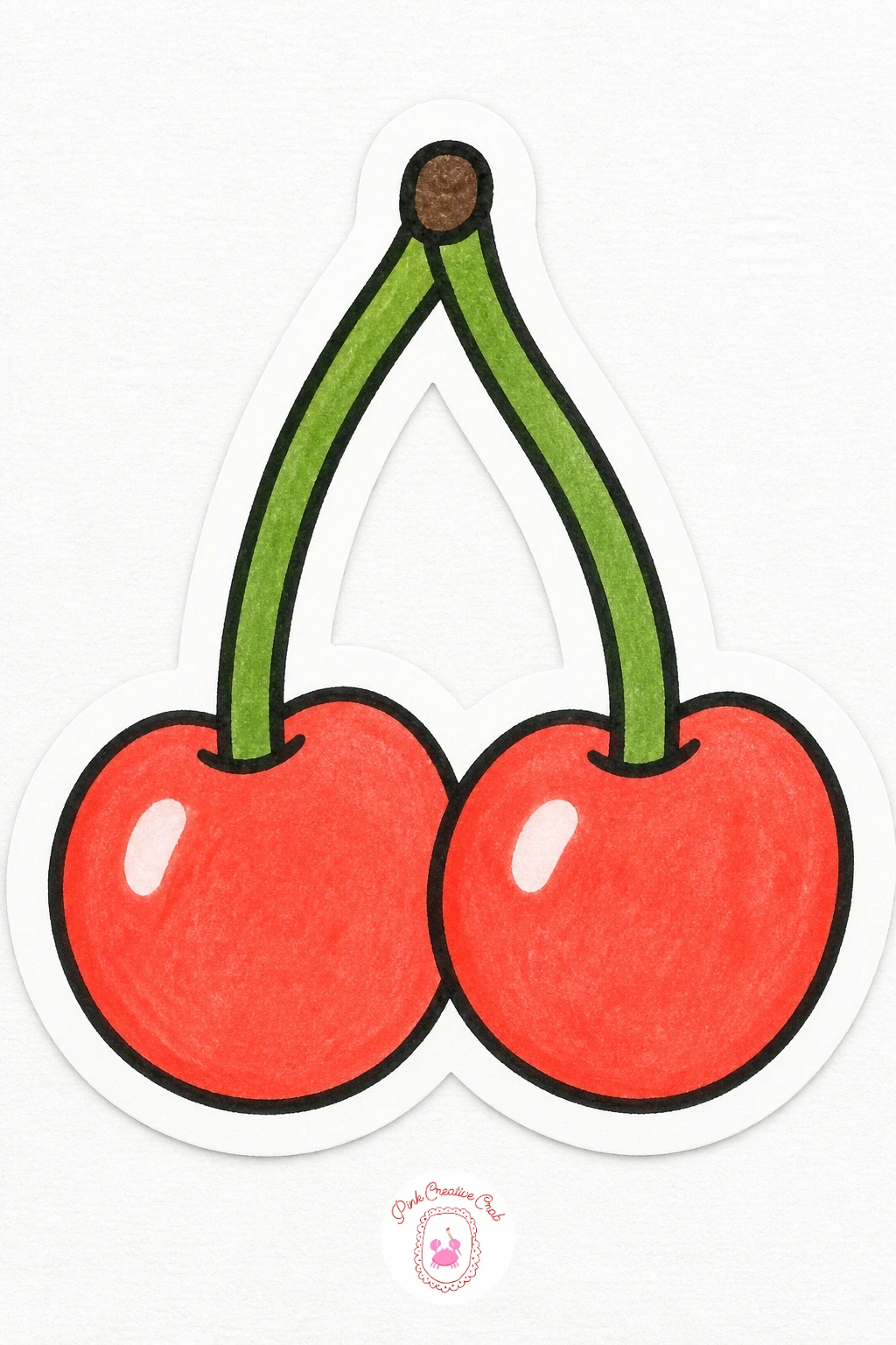 Cherry Pair Sticker — Start with two circles touching at the edges, drawn freehand in fineliner so they sit slightly uneven rather than perfectly matched.