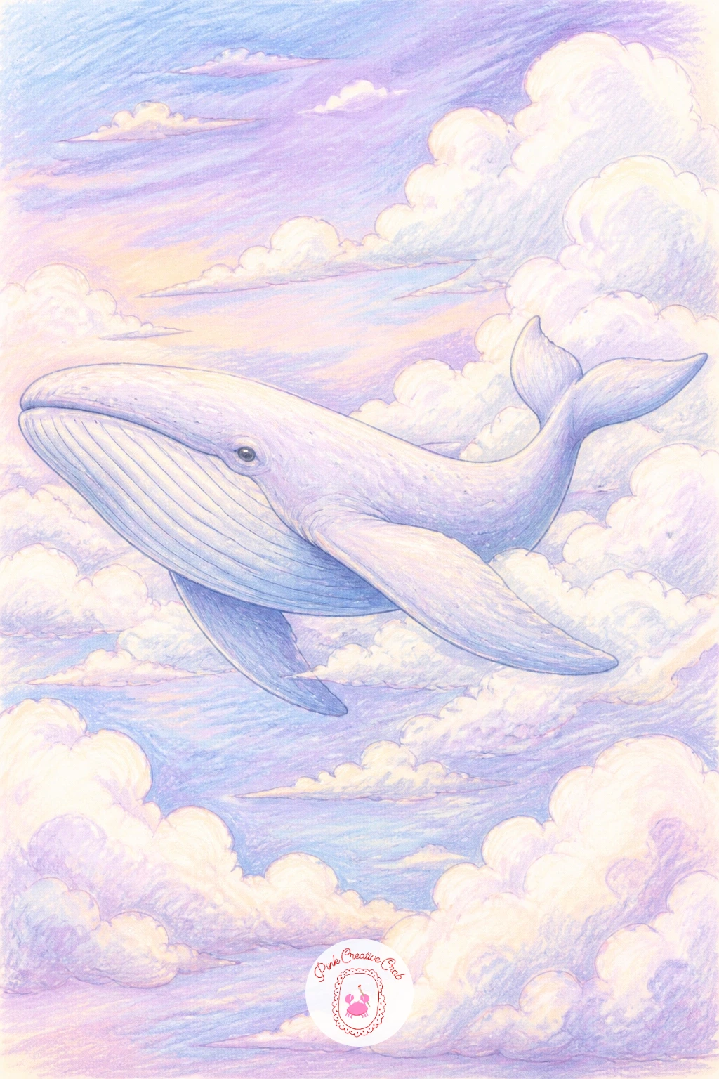 Whale Swimming Through Clouds — Start with the whale: a long soft oval body, a gentle upward curve for the tail, and small fins tucked close so the whole shape