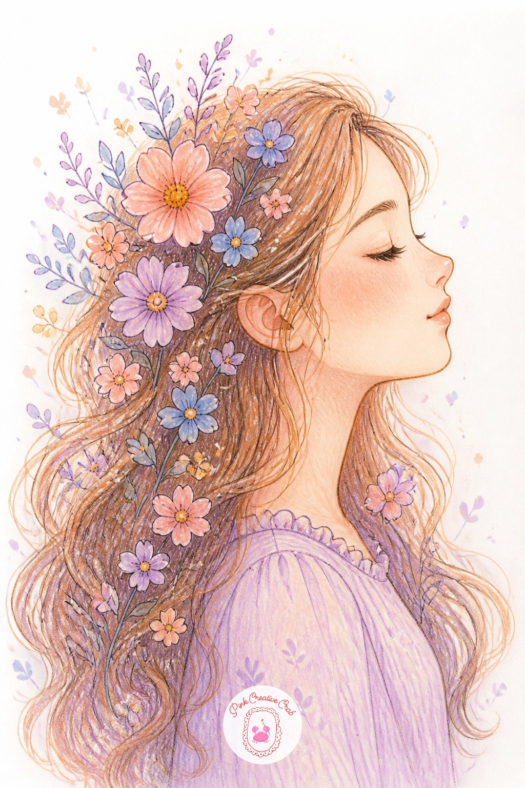 Girl With Flowers Growing From Her Hair — Shift now to a quieter, more personal scene: a girl in gentle profile with small flowers growing straight out of her