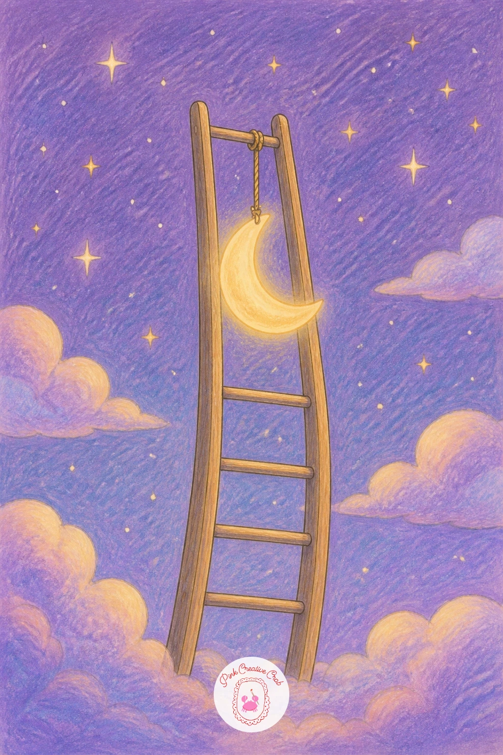 Moon Hung by a Ladder — Carry that same dreamy stillness up into the sky with a wooden ladder leaning against nothing but air, a crescent moon hanging from its