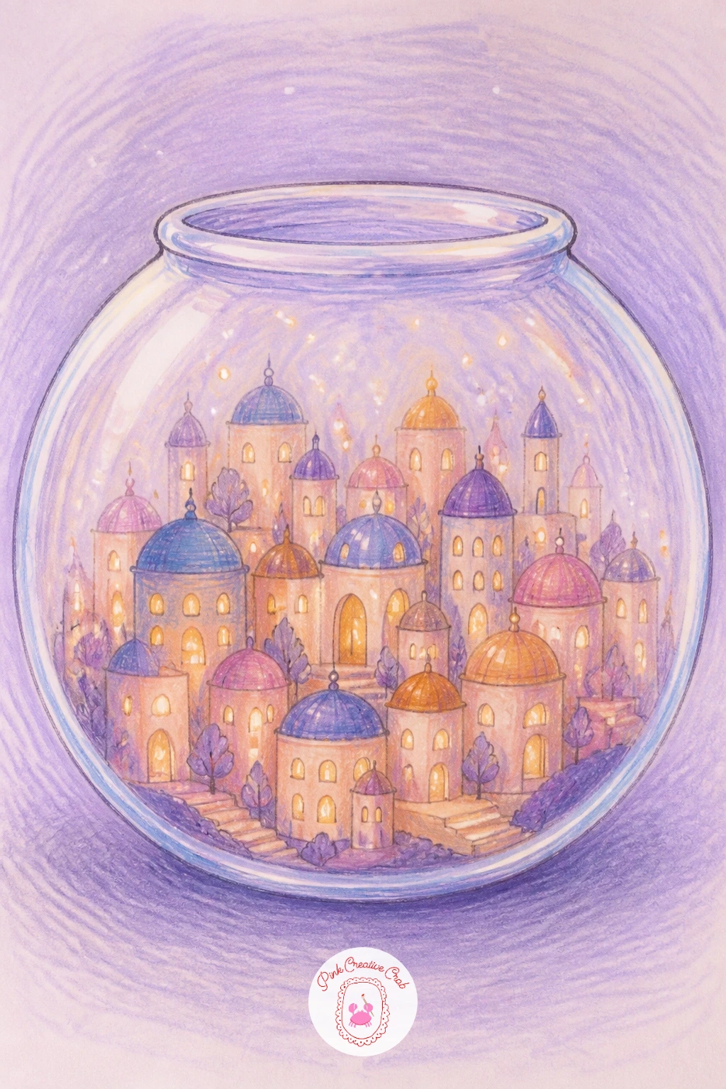 Fish Bowl With a City Inside — From a moon in the sky, drop down into something small enough to hold: a round fish bowl with a tiny city glowing inside it